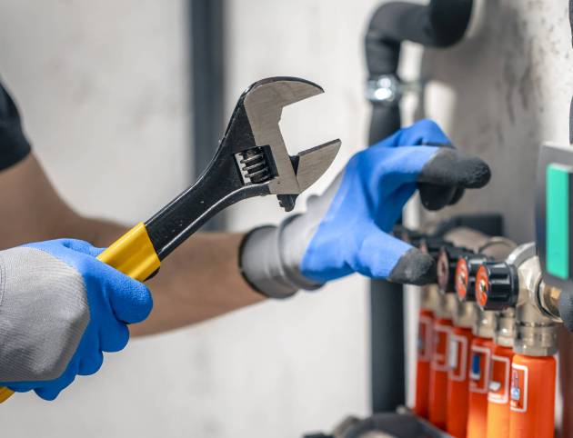 A man installs a heating system in a house and checks the pipes with a wrench. Adjusting heating valves in a residential building. A plumbing and heating technician works.